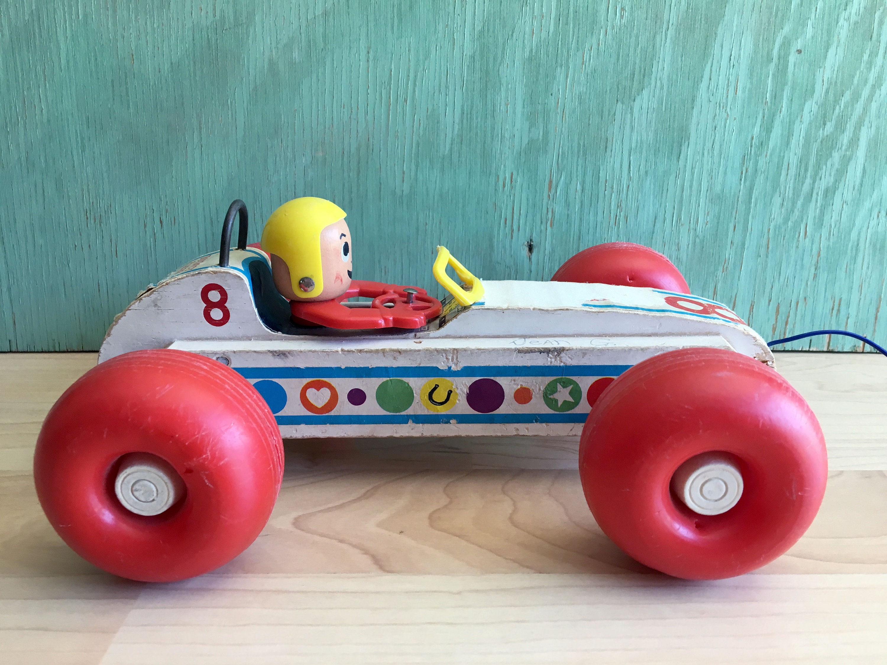 Vintage Fisher Price Bouncy Racer Pull Toy Boys Room Race Car Decor
