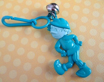 Vintage 80s Bell Charm Pinocchio, Blue Figural Boy Clip Charm, 1980s Plastic Toy Junk Necklace, Collectible Retro Fad Toys