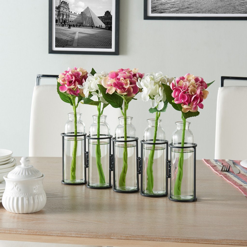 Set 5 Bottle Vases Metal Stand Handmade Glass Vase Decor Etsy