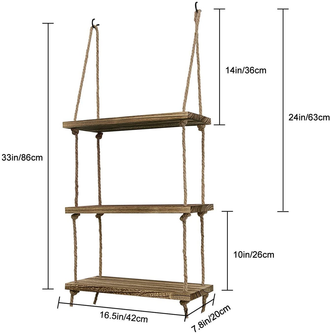 Hanging Rope Wooden Swing Shelves 3 Tier Distressed Storage Etsy