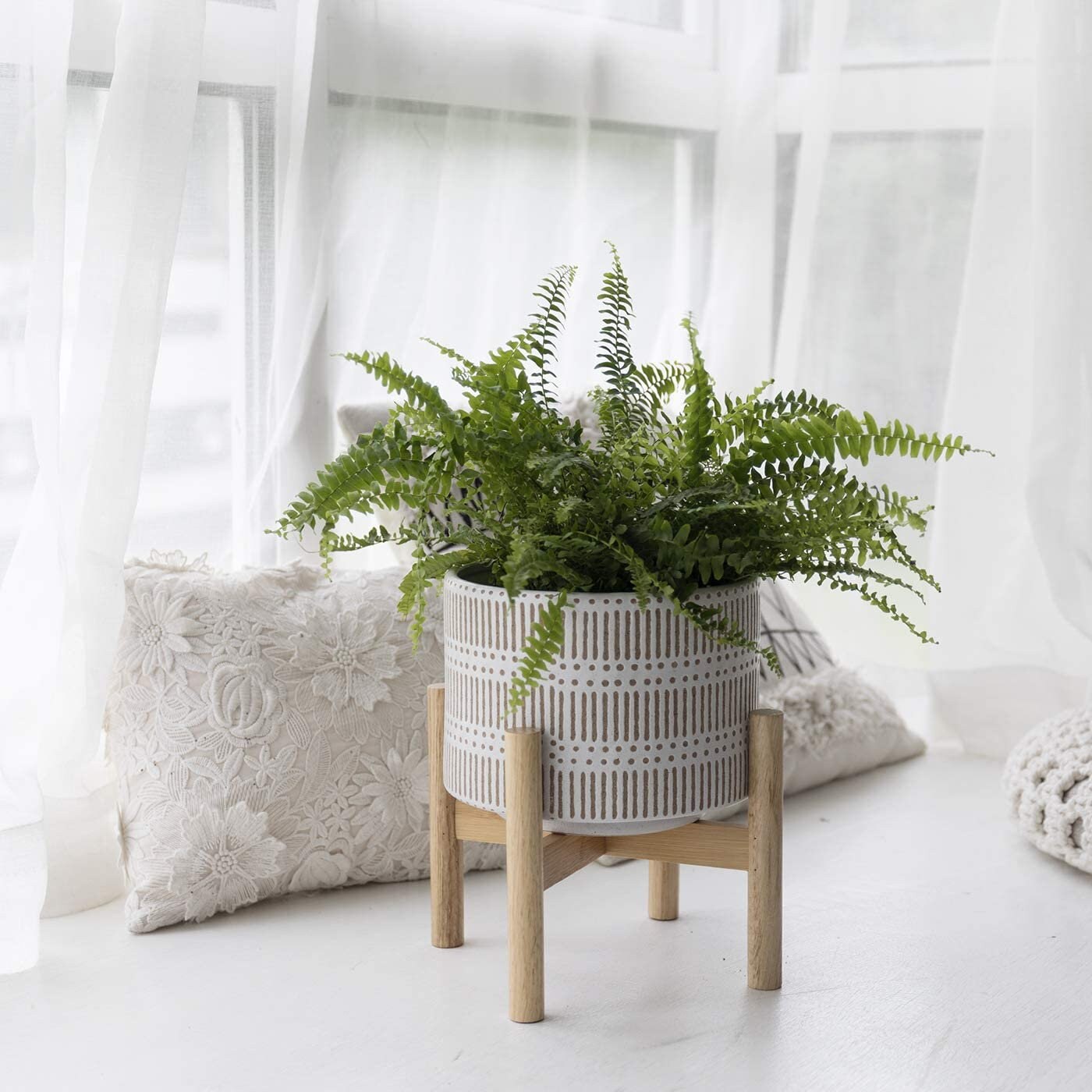 Ceramic Boho Planter Wood Stand Round Indoor Flower Pot & | Etsy