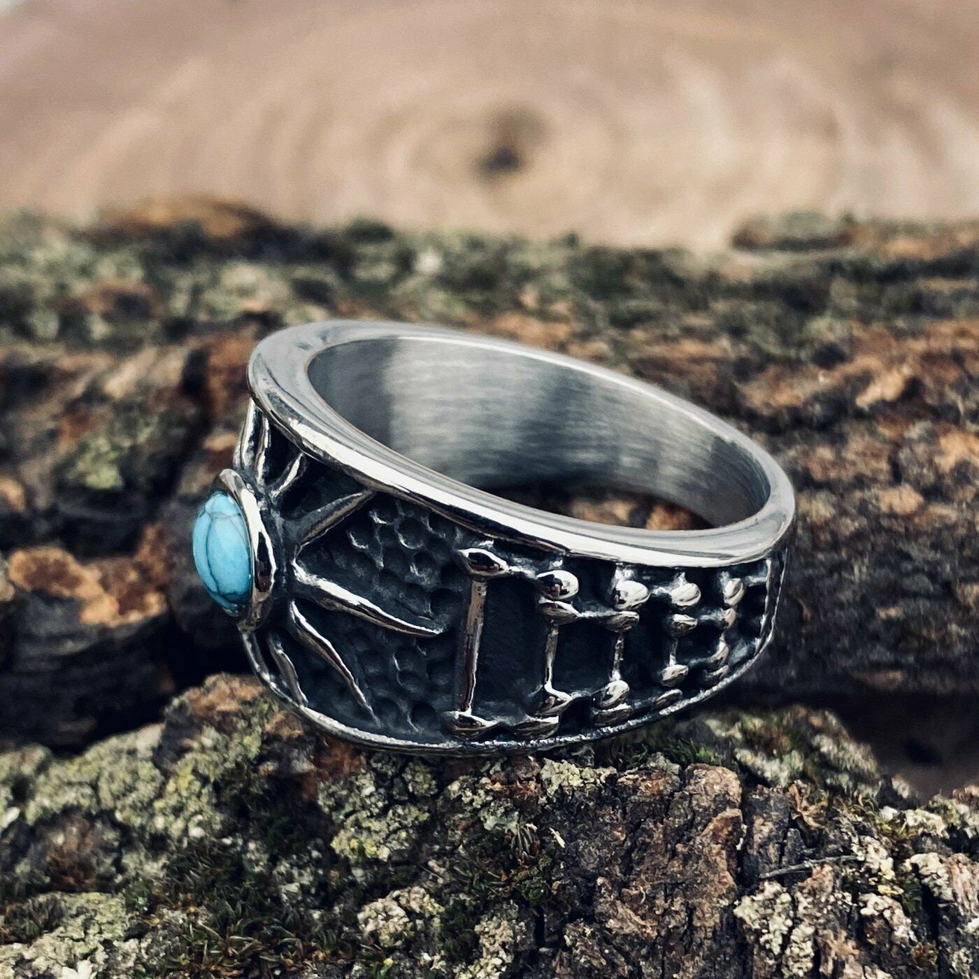 Mens Sun Ring Vintage Antique Steel Biker Style Turquoise Etsy