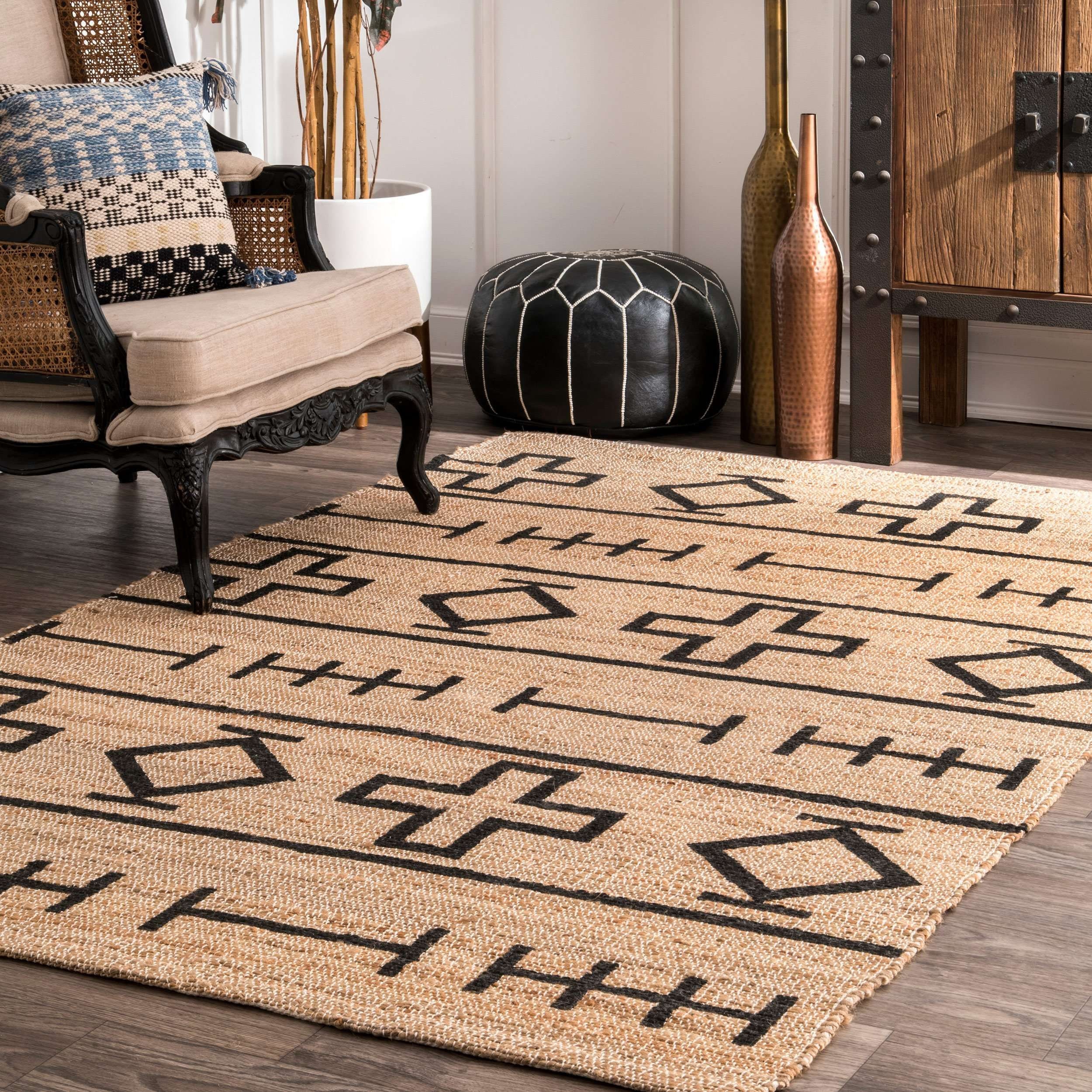 Jute Cotton Area Rug Black Geometric Pattern Indoor Outdoor Etsy