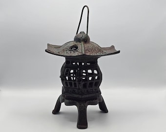 Vintage Cast Iron Japanese Pagoda Lantern, Hanging Three Legged Tea Garden Lantern