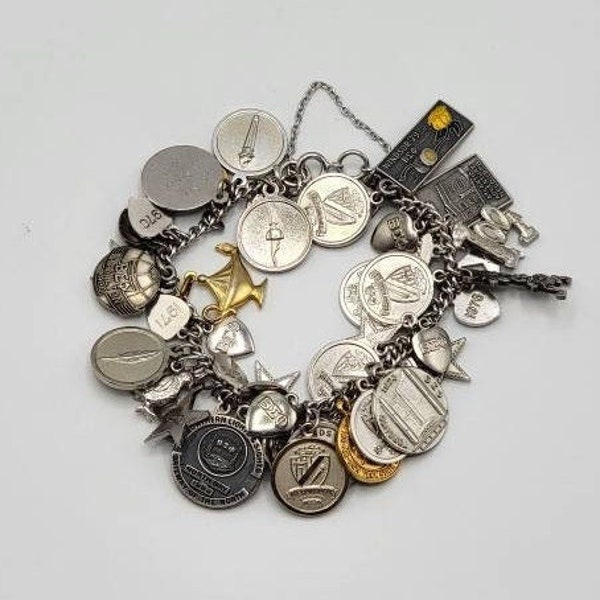 Vintage 7.25" Sorority Themed Sterling Charm Bracelet, Beta Sigma Phi with 48 Charms Active 1970 - 1982