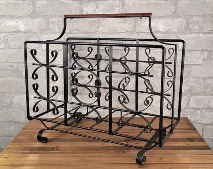 Vintage Wrought Iron Magazine Rack With Teak Wood Handle Etsy