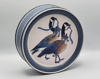 Vintage Sweetie Bear Bakery Tin, 10" Blue and White Geese with Ribbons