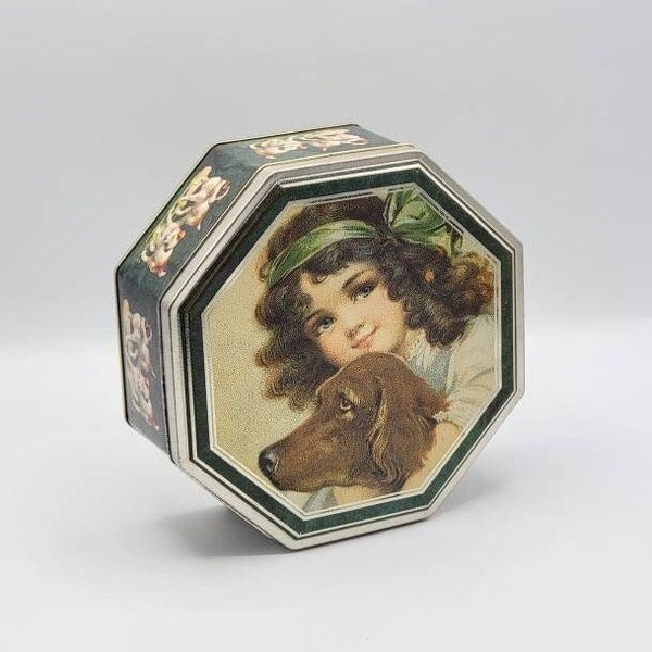 Vintage 1994 Victoria Graphic Octagonal Candy Bakery Biscuit Tin, Victorian Portrait of a Girl and her Dog