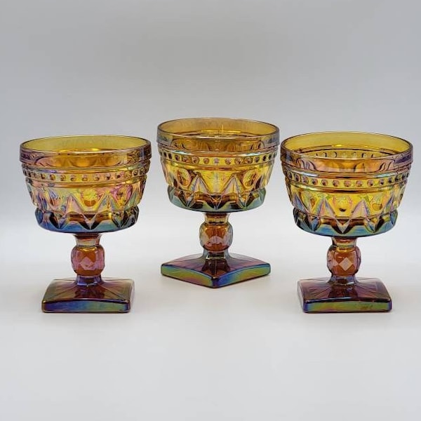Vintage Indiana Yellow Carnival Glass Colony Park Lane Pedestal Dessert Glasses, Set of 3