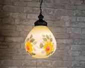 Vintage 1970s Hand Painted Yellow Roses Opal Glass Chain Hanging Lamp, Retro Hanging Swag Pendant Lamp Shade