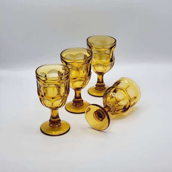 Vintage Libbey Yellow Glass Ashburton Water Goblets, Heavy Wine Glasses,  Set of 4 