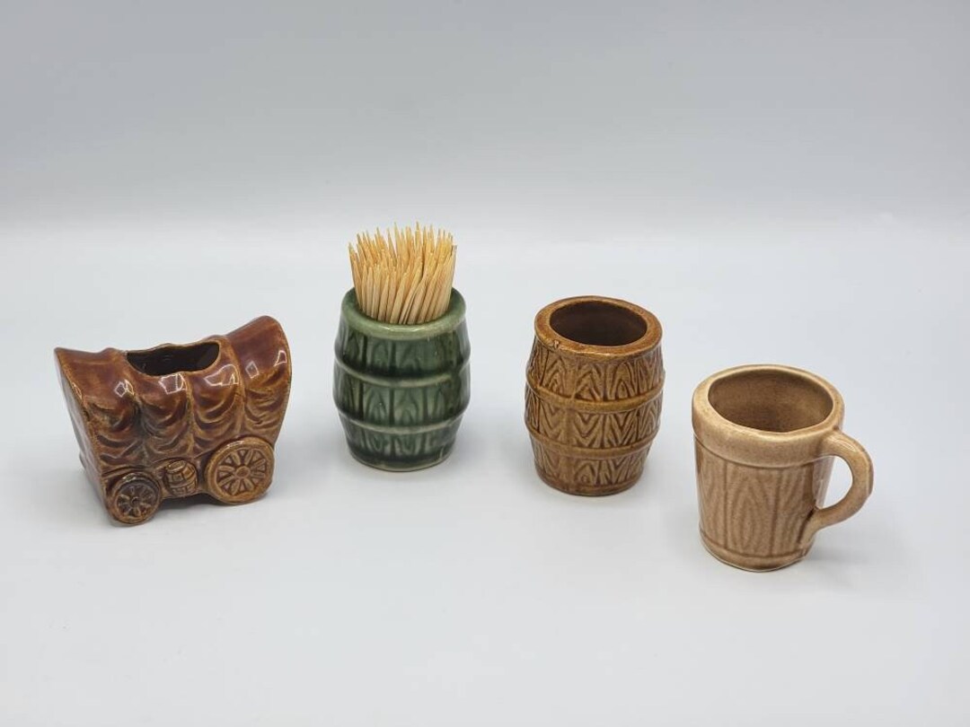 Vintage Ceramic Toothpick Holders, Rustic Barrels and Covered Wagon Etsy