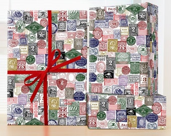 Vintage Stamp Collecting Wrapping Paper Roll; Americana Wrapping Paper; Christmas Wrapping Paper; Antique Stamp Gifting