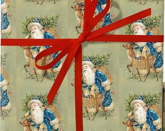 May include: Gift boxes wrapped in vintage Christmas-themed paper featuring Santa Claus riding a reindeer. The paper has a light green background with a repeating pattern. A red ribbon is tied around the largest box.