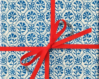 Blue & Cream Flower Stamp Wrapping Paper Roll, Vintage Christmas Gift Wrap Roll, Cottage, Folk Holiday, Blue Winter Floral Woodblock Pattern