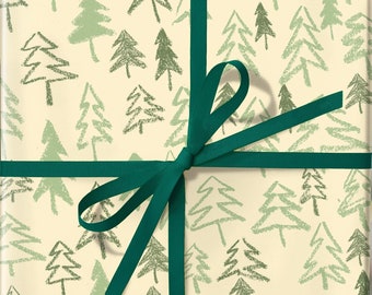 Pastel Pine Tree Wrapping Paper Roll, Sketched Tree Christmas Design, Woodland Winter Holiday, Large Gift Wrap Rolls, Drawn Tree Pattern