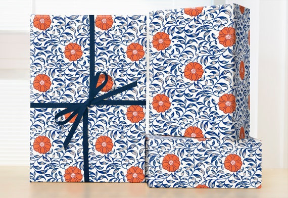 Orange and Blue Floral Wrapping Paper, Vintage Flower Gift Wrap Sheets,  Vintage Chinese Pattern 