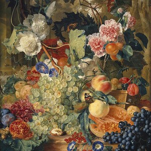 May include: A still life painting featuring a variety of fruits, vegetables, and flowers. The painting includes grapes, peaches, plums, a melon, a pomegranate, and a variety of flowers, including white and pink carnations. The painting is set against a backdrop of a forest scene.