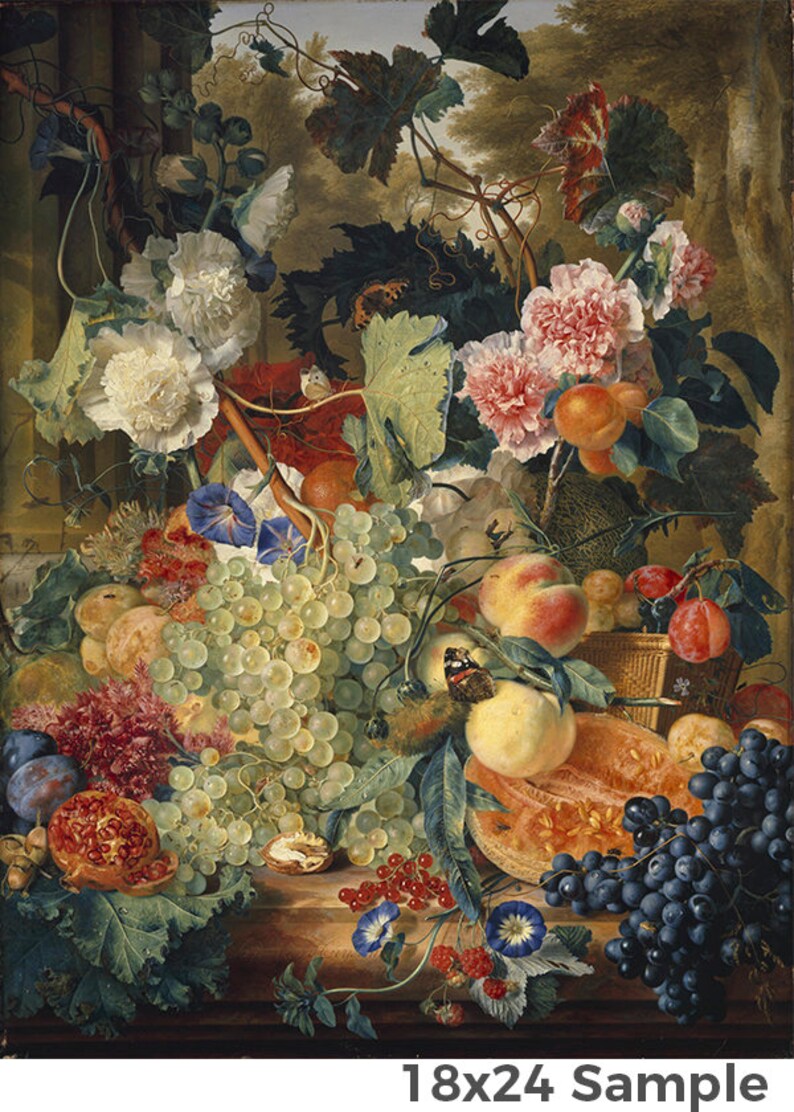 May include: A still life painting featuring a variety of fruits, vegetables, and flowers. The painting includes grapes, peaches, plums, a melon, a pomegranate, and a variety of flowers, including white and pink carnations. The painting is set against a backdrop of a forest scene.