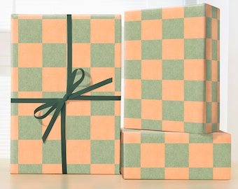 Vintage Checker Wrapping Paper Roll; Green Orange Retro Pattern Gift Wrap Sheets; Vintage Checker Pattern; Vintage Texture