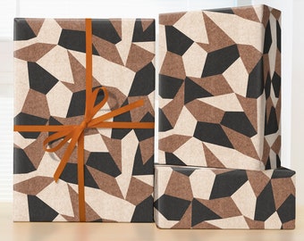 Matte Black & Brown Polygon Wrapping Paper Roll, Geometric Pattern Gift Wrap Sheets, Mid Century Pattern, Mid Century  Christmas
