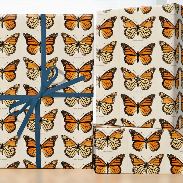 Monarch Butterfly Wrapping Paper Roll; Milkweed Butterfly Gift Wrap Sheets; Vintage Monarch Butterfly Pattern, Cottagecore Gift Wrap