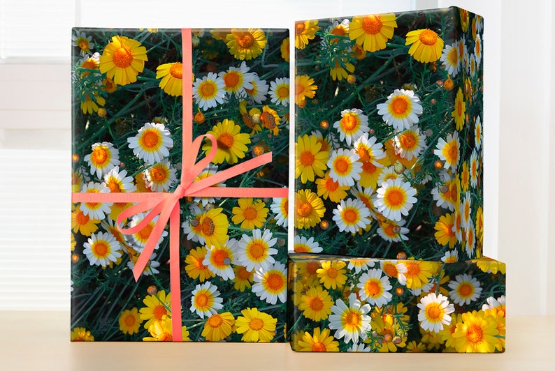 May include: Three gift boxes wrapped in black paper with a white and yellow daisy pattern. The boxes are tied with a bright pink ribbon.