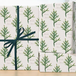 Sawara cypress Wrapping Paper Roll, Watercolor Cypress Leaf Gift Wrap Sheets, Checker Pattern, Vintage Christmas