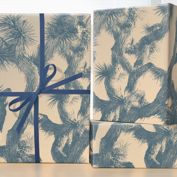 Earth Blue Yucca Tree Wrapping Paper Roll; Joshua Tree Gift Wrap Sheets; Desert; Palm Springs Pattern; Purple Pink Mid-Century Pattern