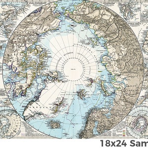 Puede incluir: Un mapa vintage de la regi&oacute;n &aacute;rtica, centrado en el Polo Norte, con masas de tierra y costas detalladas. El mapa presenta un fondo azul con masas de tierra marrones y verdes, e incluye texto en alem&aacute;n.