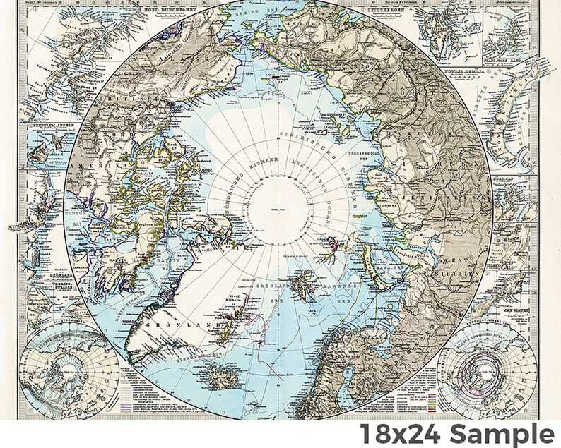 Puede incluir: Un mapa vintage de la regi&oacute;n &aacute;rtica, centrado en el Polo Norte, con masas de tierra y costas detalladas. El mapa presenta un fondo azul con masas de tierra marrones y verdes, e incluye texto en alem&aacute;n.