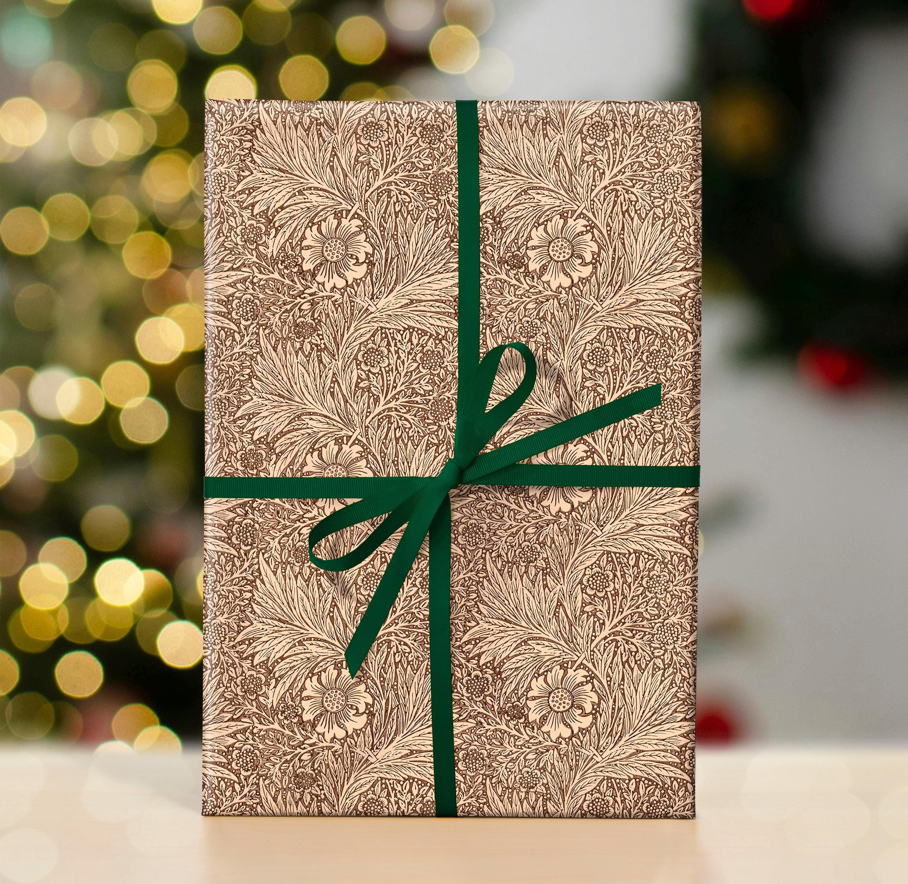 Brown and Beige Marigold Wrapping Paper Roll, Vintage Christmas Gift Wrap Rolls, Cottagecore Folk, Woodland Winter Holiday, Vintage Pattern