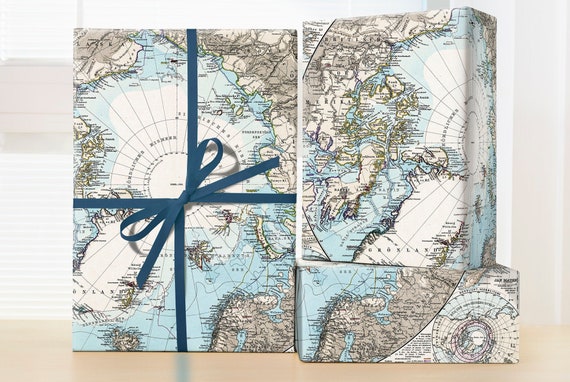 North Pole Wrapping Paper; Travel Gift Wrapping; Christmas Wrapping Paper; Gift Wrapping; Old Map; Arctic Map wrapping paper sheets