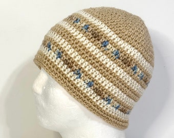 Crochet Striped Beanie In Tan - Adult S/M (22”-23”) - Striped Beanie - Men’s Striped Beanie - Women’s Striped Beanie - Crochet Unisex Hat