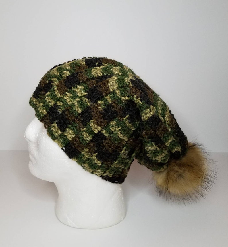 Crochet Camouflage Slouchy Hat With Faux Fox Fur Pompom Fits | Etsy