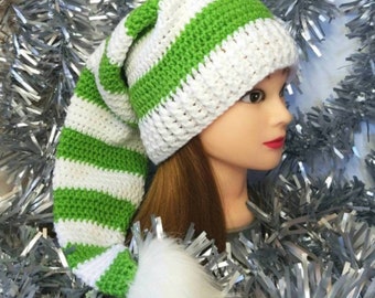 Crochet Elf Hat - Child & Adult Sizes - Striped Elf Hat - Crochet Christmas Hat - Green and White Elf Hat - Santa Hat - Crochet Santa Hat
