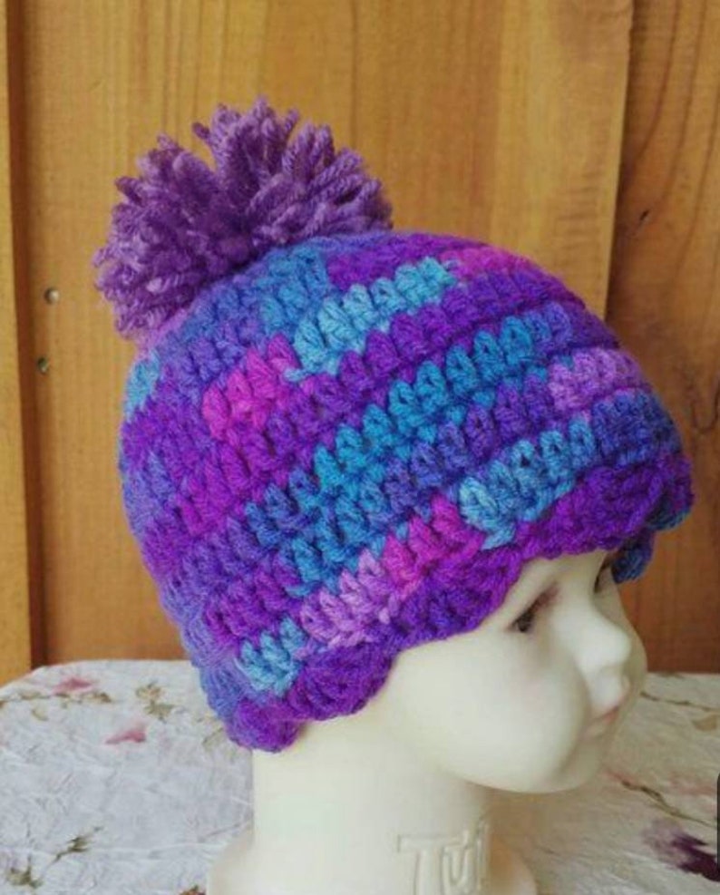 Handmade Crochet Baby Hat 6-12 months Purple White Beanie Cap