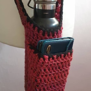 Handmade crochet cross body bottle holder with pocket for wallet or mobile phone