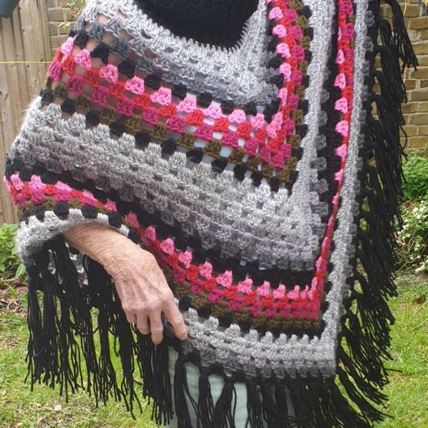 Handmade  crochet cowl neck ladies poncho. Free size. Vintage 1970's style poncho .  Aran yarn.  Fringed poncho
