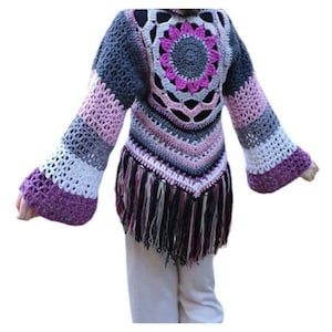 Boho crochet bell sleeve sun flower mandala jacket, sweater, vest. Crochet slow fashion clothes. Pink black hippy top. Size medium - large