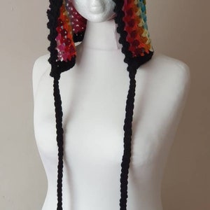 Handmade crochet liripipe elven Pixie hat. long tail medieval hat with tassel. made with chunky  aran yarn in striped colours.