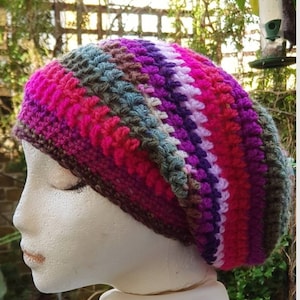 Slouchy beanie hat slouch  crochet hat. Bright colours.  aran yarn
