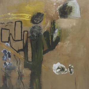Puede incluir: Pintura abstracta con fondo marr&oacute;n, que presenta una planta verde similar a un cactus, un sol amarillo y formas blancas y negras.
