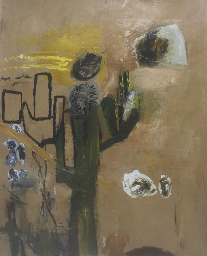 Puede incluir: Pintura abstracta con fondo marr&oacute;n, que presenta una planta verde similar a un cactus, un sol amarillo y formas blancas y negras.