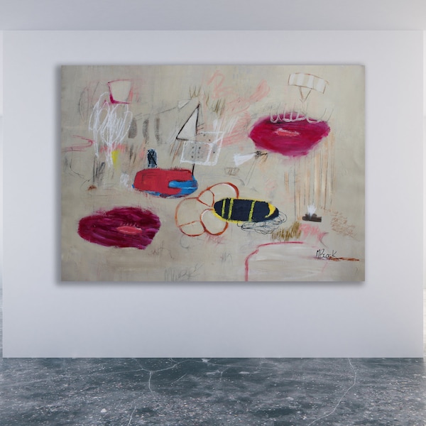 Pink and Cream Abstract Art: Large Modern Painting (Unstretched)