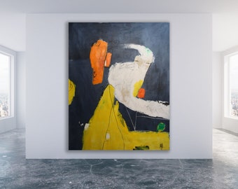 Large Yellow and Grey Abstract Painting: &quot;View From the Top&quot; (Unstretched)