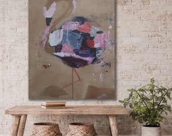 Pink Abstract Art / Abstract Bird Painting / Abstract Flamingo Art / Large Pink and Brown Abstract Painting / Abstract Bird Original Art