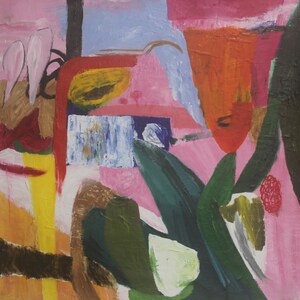 May include: Abstract painting with bold strokes of color, including pink, red, yellow, green, and blue. The painting features a variety of shapes and textures, creating a dynamic and energetic composition.