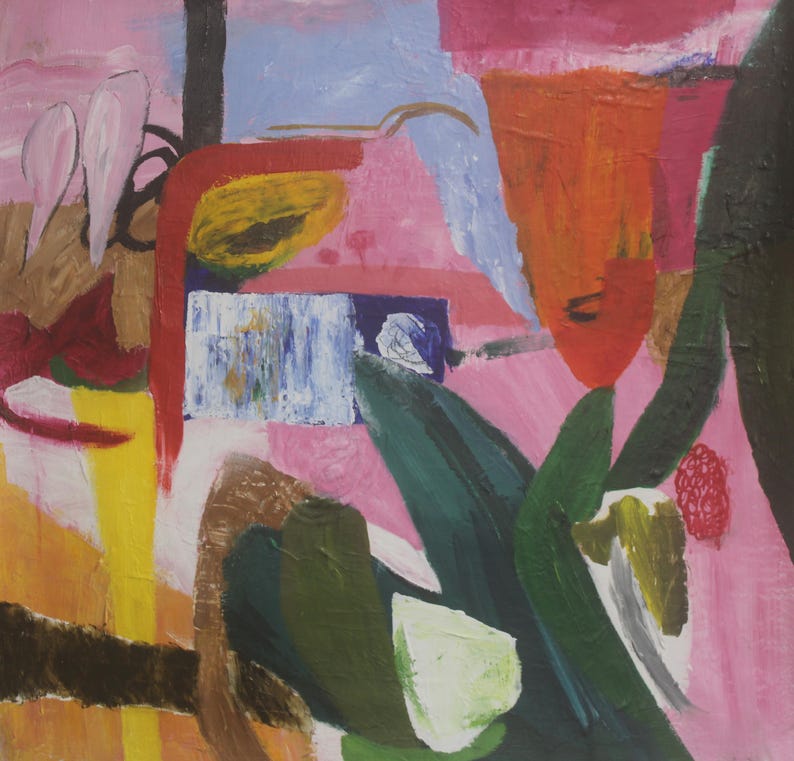 May include: Abstract painting with bold strokes of color, including pink, red, yellow, green, and blue. The painting features a variety of shapes and textures, creating a dynamic and energetic composition.