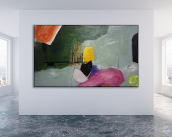May include: Abstract painting with a green, orange, yellow, pink, white, and black color scheme. The painting features geometric shapes and lines.